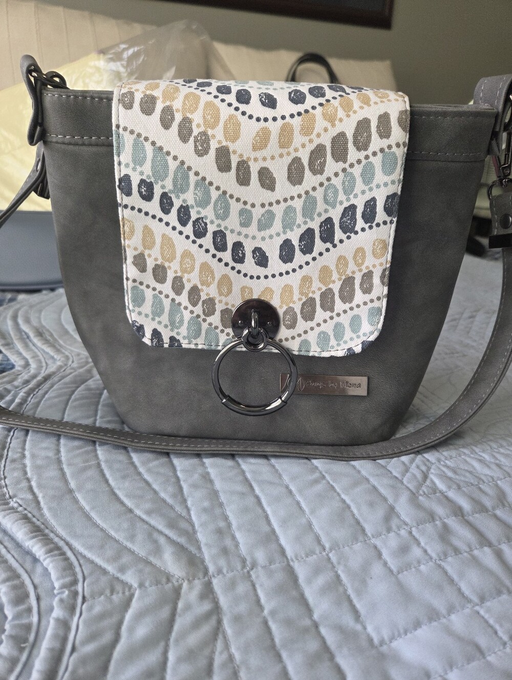 Women's Gray Crossbody Bag with Patterned Flap and Ring Accent